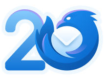 Der Text „20 Jahre“ mit dem Thunderbird-Logo anstelle der Null.